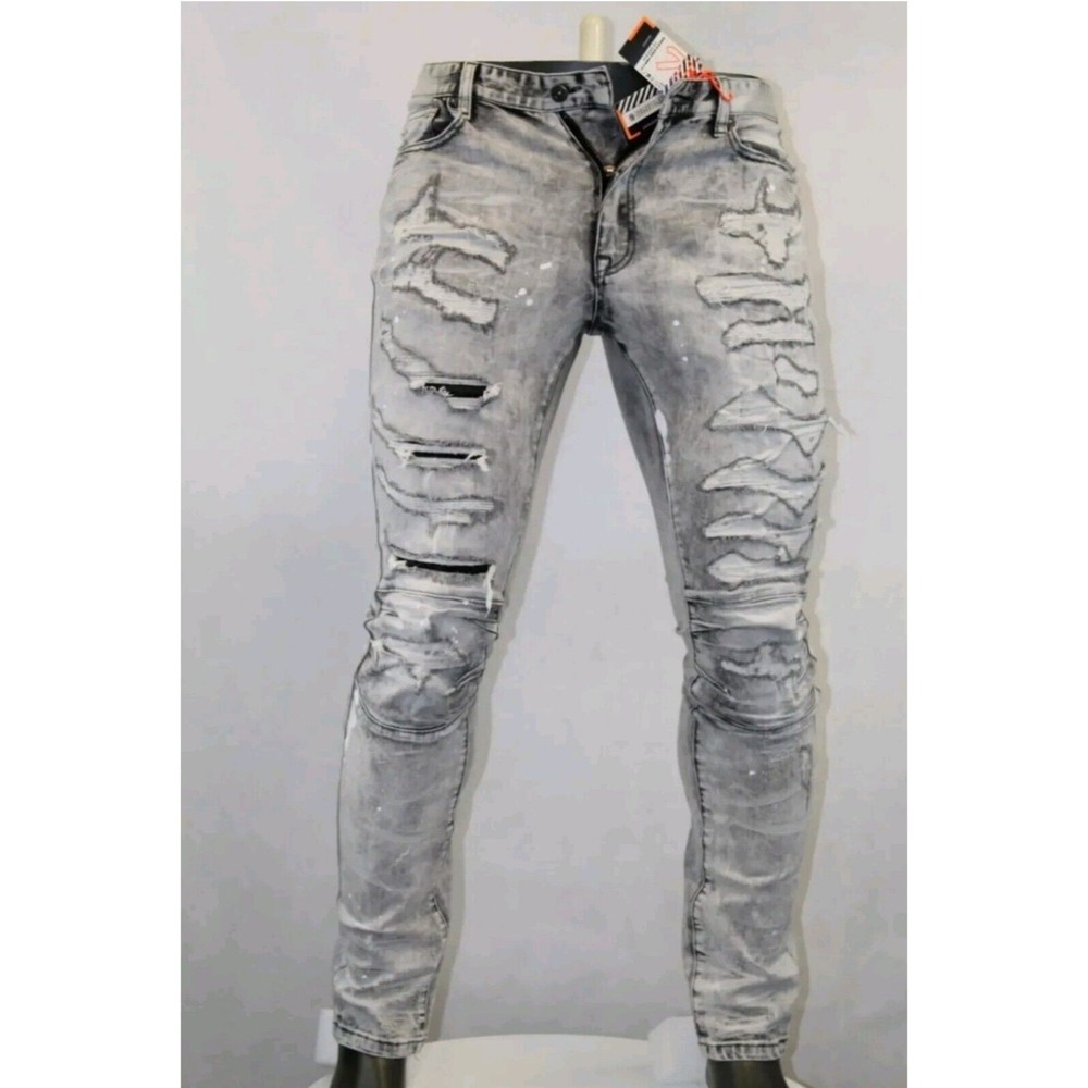 Smoke Rise Essentials Distressed Slim Tapered Fit Men's Denim Jeans - Grey New.